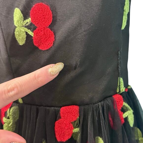 Unique Vintage Collared Sheer Embroidered Black Red Cherry Dress size L 10 12 - Picture 8 of 15